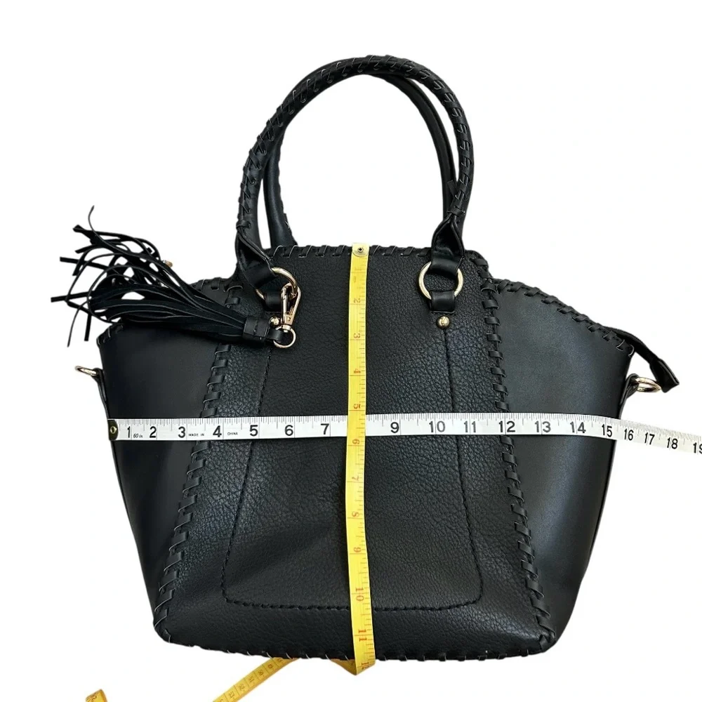 ISABELLE Women’s Nubuck Leather/Vegan Leather Purse Tote Black/Gold Braid Tassel
